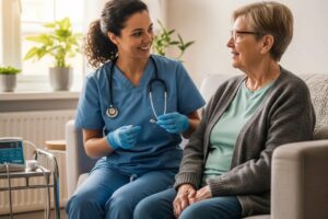 Home urgent care scene with a healthcare professional attending to a patient in a cozy living room