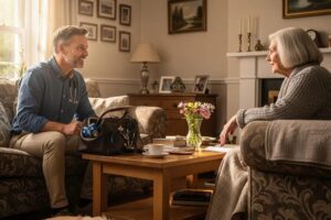 Home visit doctor providing personalized care in a cozy living room