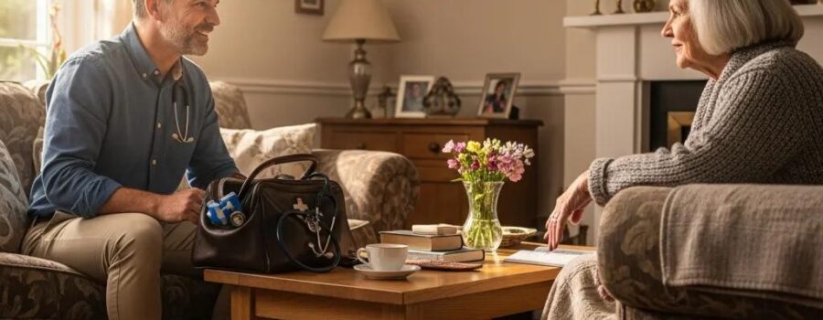 Home visit doctor providing personalized care in a cozy living room