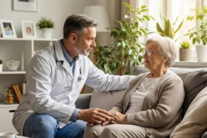 Home visit doctor providing personalized care in a cozy living room setting