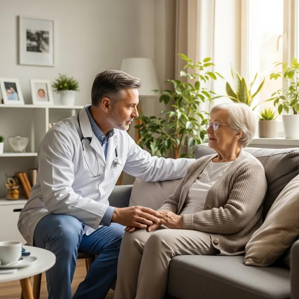 Doctor in white coat providing personalized care to elderly woman in cozy living room, emphasizing in-home medical services and patient comfort.