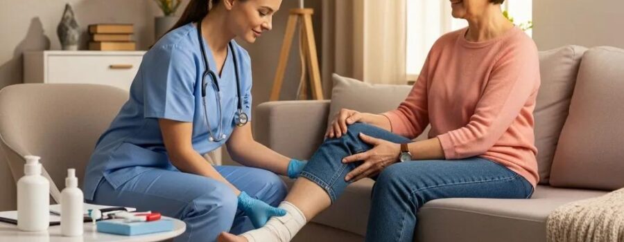 In-home care for minor injuries with a healthcare professional examining a patient's sprained ankle in a cozy living room