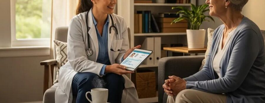 In-home doctor visit showcasing personalized healthcare in a cozy living room setting