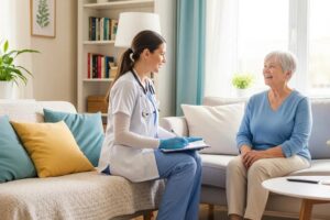 In-home healthcare service showcasing a healthcare provider and patient interaction