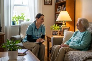 In-home medical care scene showcasing a healthcare provider and an elderly patient in a cozy living room