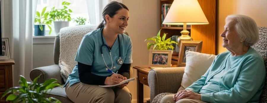 In-home medical care scene showcasing a healthcare provider and an elderly patient in a cozy living room