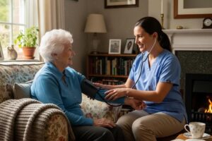 In-home medical care scene with a healthcare professional and an elderly patient, highlighting mobile healthcare services