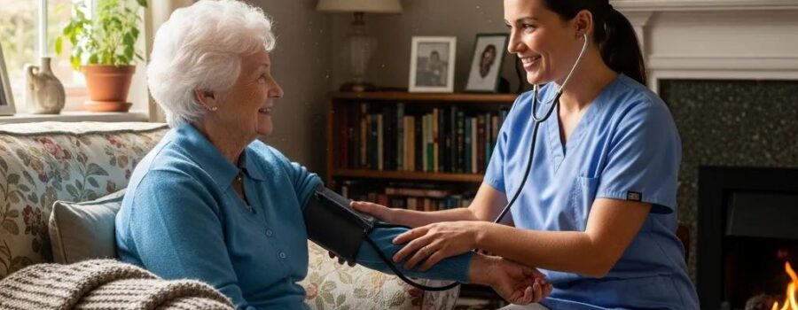 In-home medical care scene with a healthcare professional and an elderly patient, highlighting mobile healthcare services