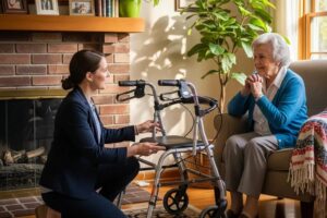 In-home mobility aid consultation with a professional and elderly client in a cozy living room