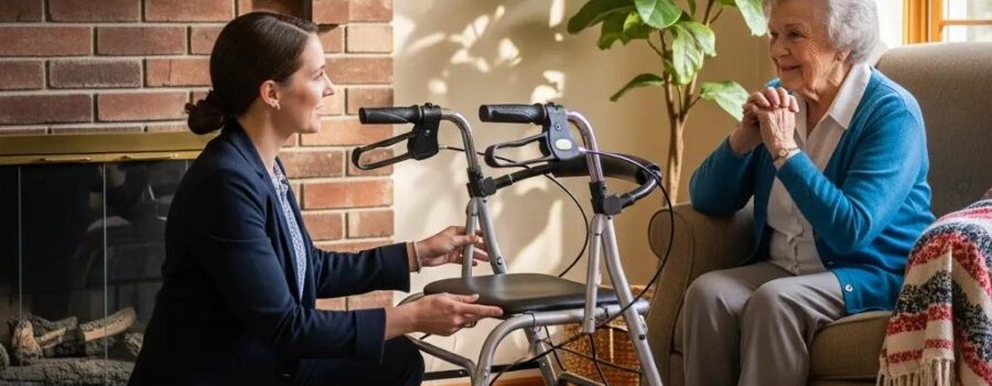 In-home mobility aid consultation with a professional and elderly client in a cozy living room