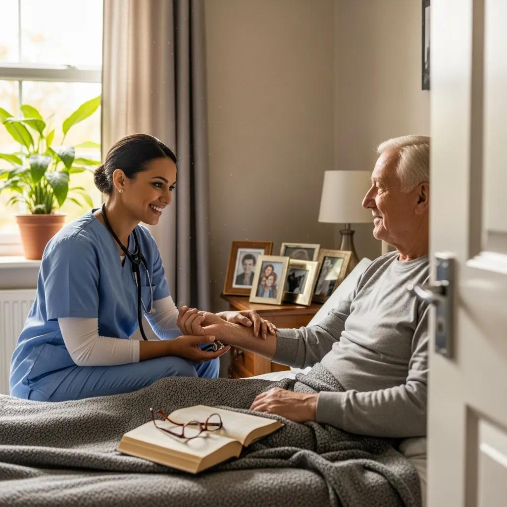 In-home nurse providing compassionate care to a patient in a cozy bedroom