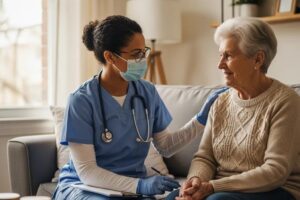 In-home primary care scene with a healthcare professional and an elderly patient in a cozy living room