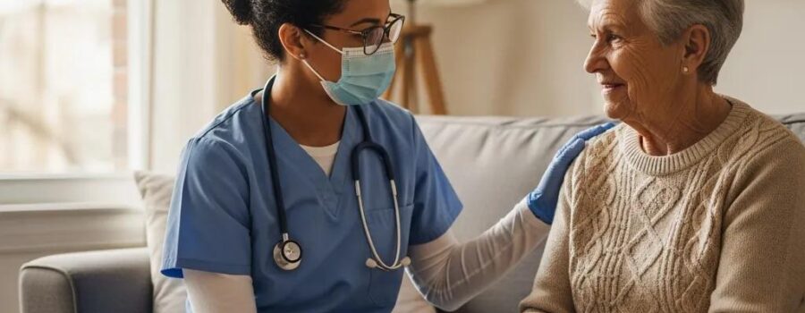 In-home primary care scene with a healthcare professional and an elderly patient in a cozy living room