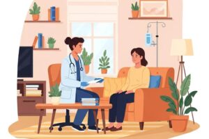 In-home urgent care scene with a healthcare provider and patient in a cozy living room
