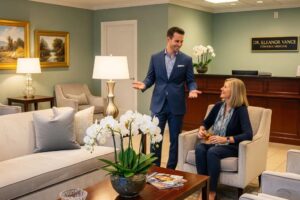Luxurious medical office with a concierge doctor providing personalized care to a patient
