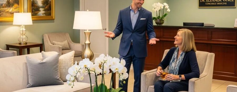 Luxurious medical office with a concierge doctor providing personalized care to a patient