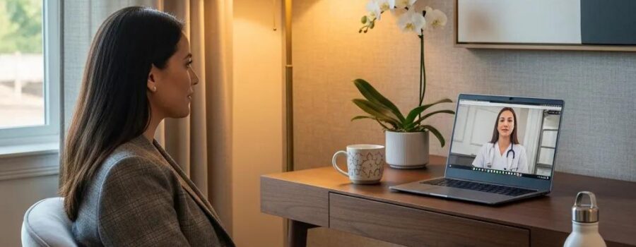 Luxurious telemedicine consultation with a patient in a stylish home office engaging in a video call