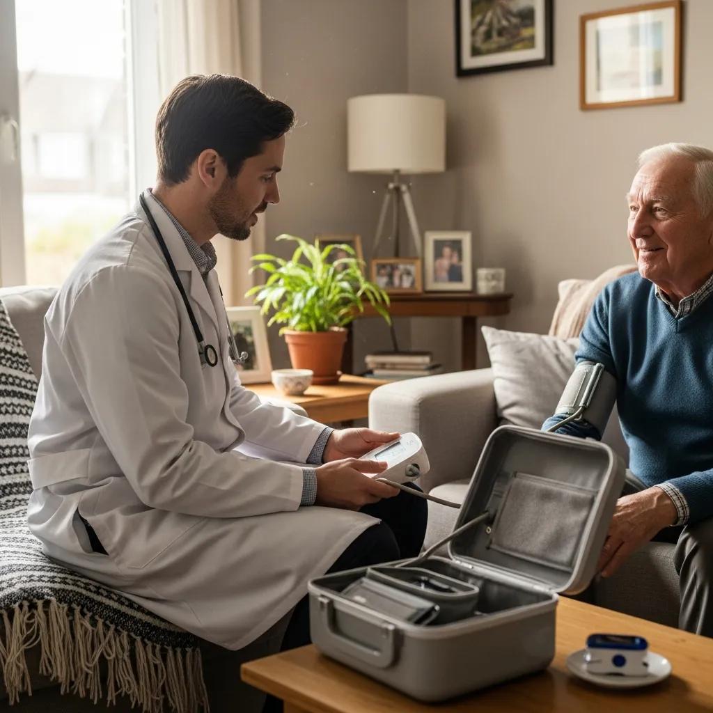 Mobile doctor providing personalized healthcare services to a senior patient in a home setting, demonstrating convenience and individualized attention typical of concierge medicine.