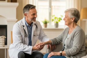 Mobile doctor providing home healthcare to a patient in a cozy living room