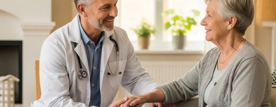 Mobile doctor providing home healthcare to a patient in a cozy living room