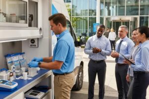 Mobile drug testing setup at a workplace, showcasing a testing van and healthcare professional