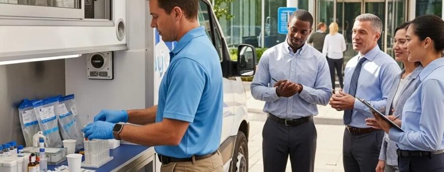 Mobile drug testing setup at a workplace, showcasing a testing van and healthcare professional