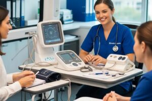 Mobile health screening setup in a modern office with healthcare professional and employees