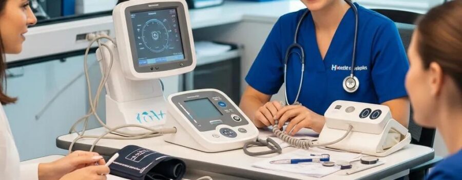 Mobile health screening setup in a modern office with healthcare professional and employees