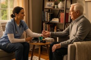 Mobile healthcare professional providing in-home physical exam services, highlighting convenience and personalized care