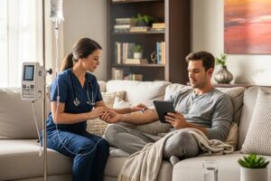 Mobile IV hydration therapy session in a home setting with a healthcare professional and patient