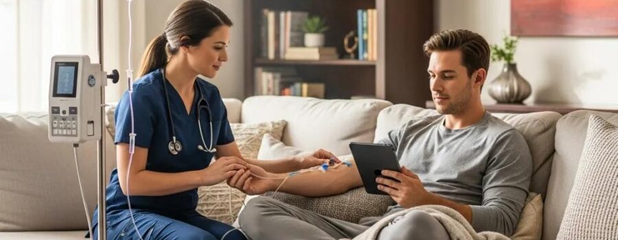 Mobile IV hydration therapy session in a home setting with a healthcare professional and patient