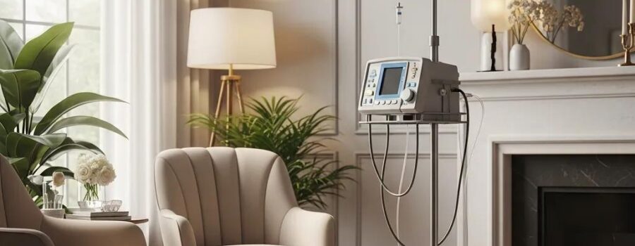 Mobile IV hydration therapy setup in a luxurious home environment