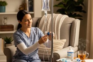 Mobile IV therapy setup in a cozy home environment with a healthcare professional preparing the IV drip