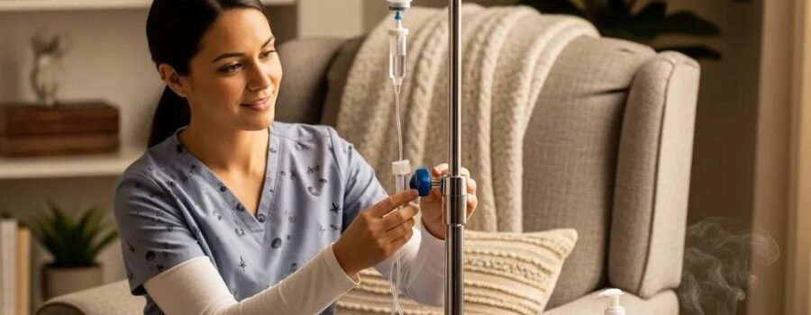 Mobile IV therapy setup in a cozy home environment with a healthcare professional preparing the IV drip