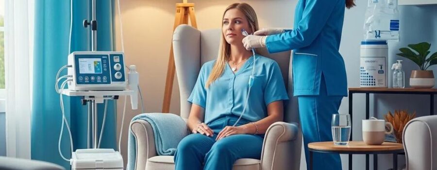 Mobile IV therapy setup in a cozy living room with a patient receiving treatment