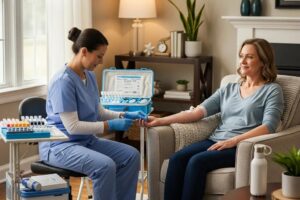 Mobile lab testing service in a home setting with a phlebotomist and client