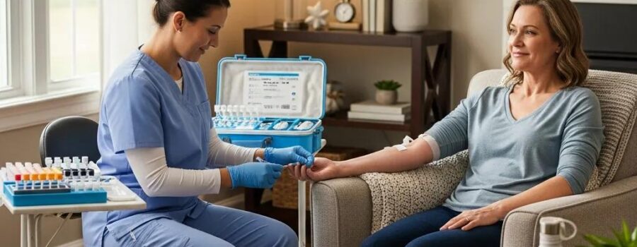 Mobile lab testing service in a home setting with a phlebotomist and client