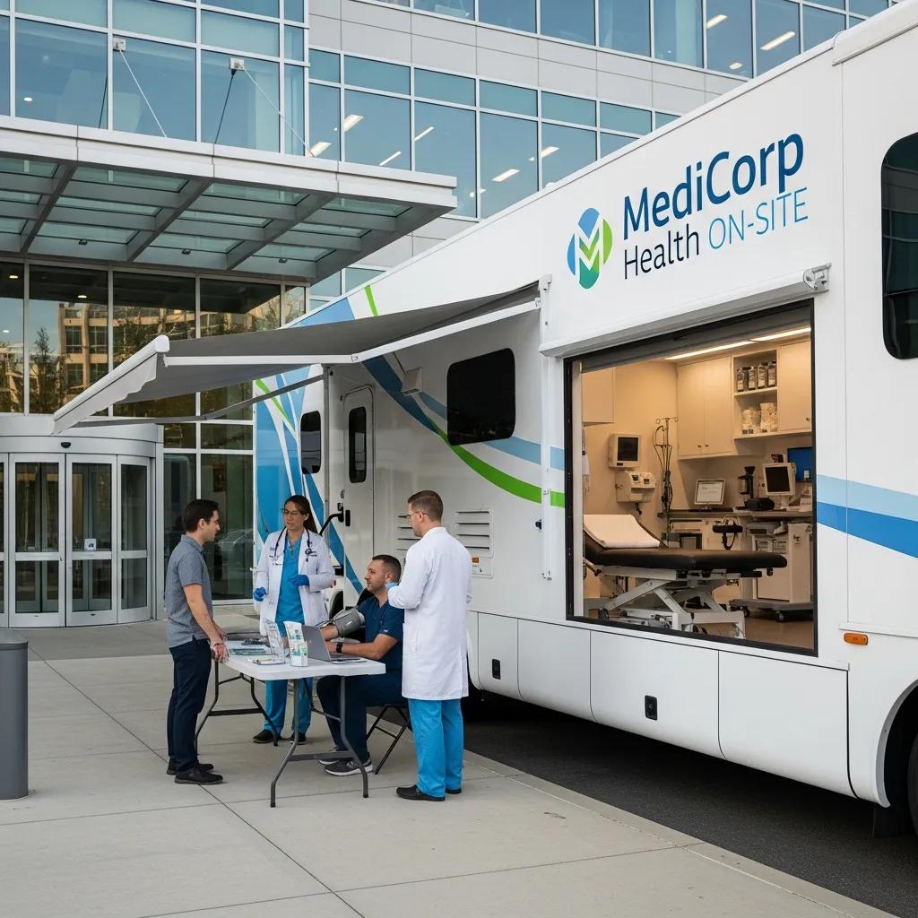 Mobile medical clinic providing on-site healthcare services to employees at a corporate office