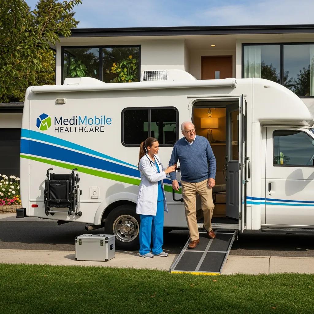 Mobile medical service provider assisting a patient at home, highlighting the convenience of in-home care