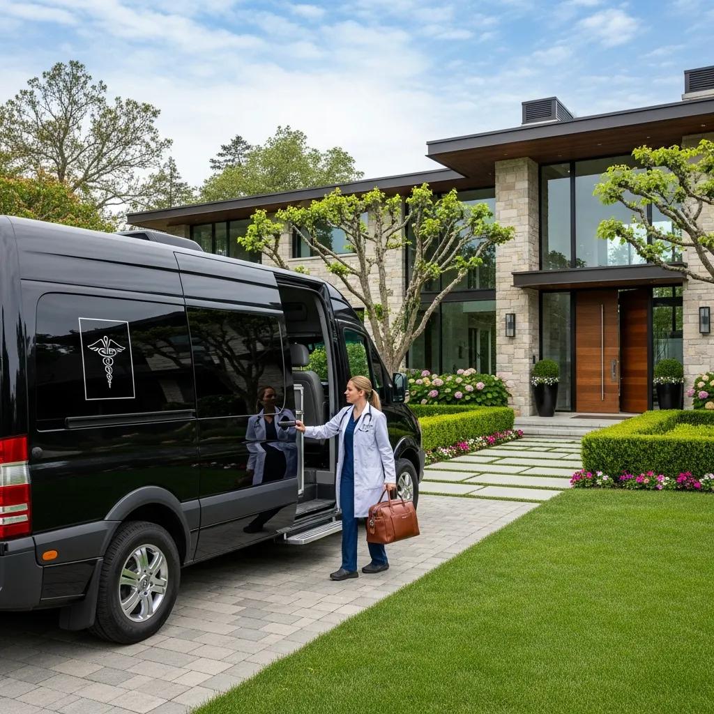 Mobile medical service vehicle parked in a luxury community, with a healthcare professional in a white coat preparing to provide personalized home healthcare services.