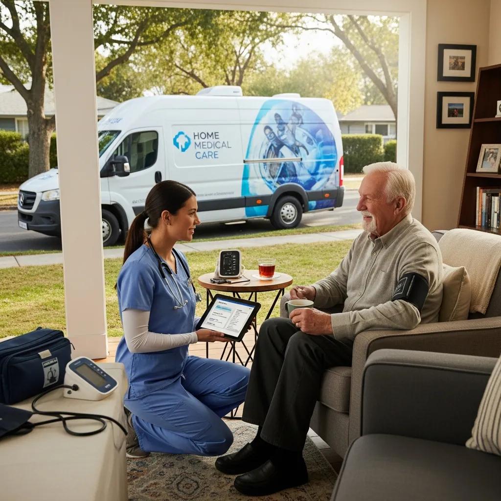 Nurse in blue scrubs providing home medical care to elderly man in a cozy living room, with a medical van visible outside, emphasizing personalized healthcare and convenience.