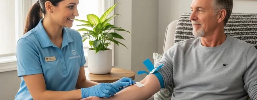 Mobile phlebotomist providing in-home lab testing services in a comfortable living room setting