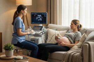 Mobile ultrasound technician providing in-home care in a cozy living room