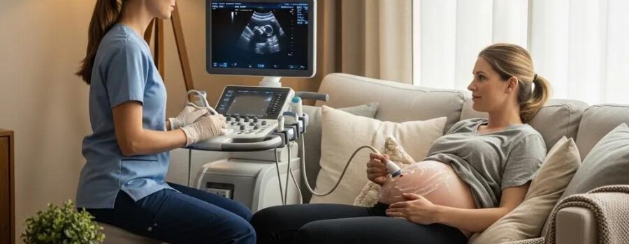 Mobile ultrasound technician providing in-home care in a cozy living room