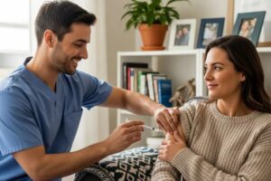 Mobile vaccination service in a cozy home environment, showcasing personalized healthcare delivery