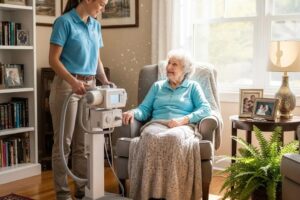 Mobile X-ray technician providing in-home diagnostic imaging service in a cozy living room