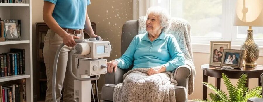 Mobile X-ray technician providing in-home diagnostic imaging service in a cozy living room