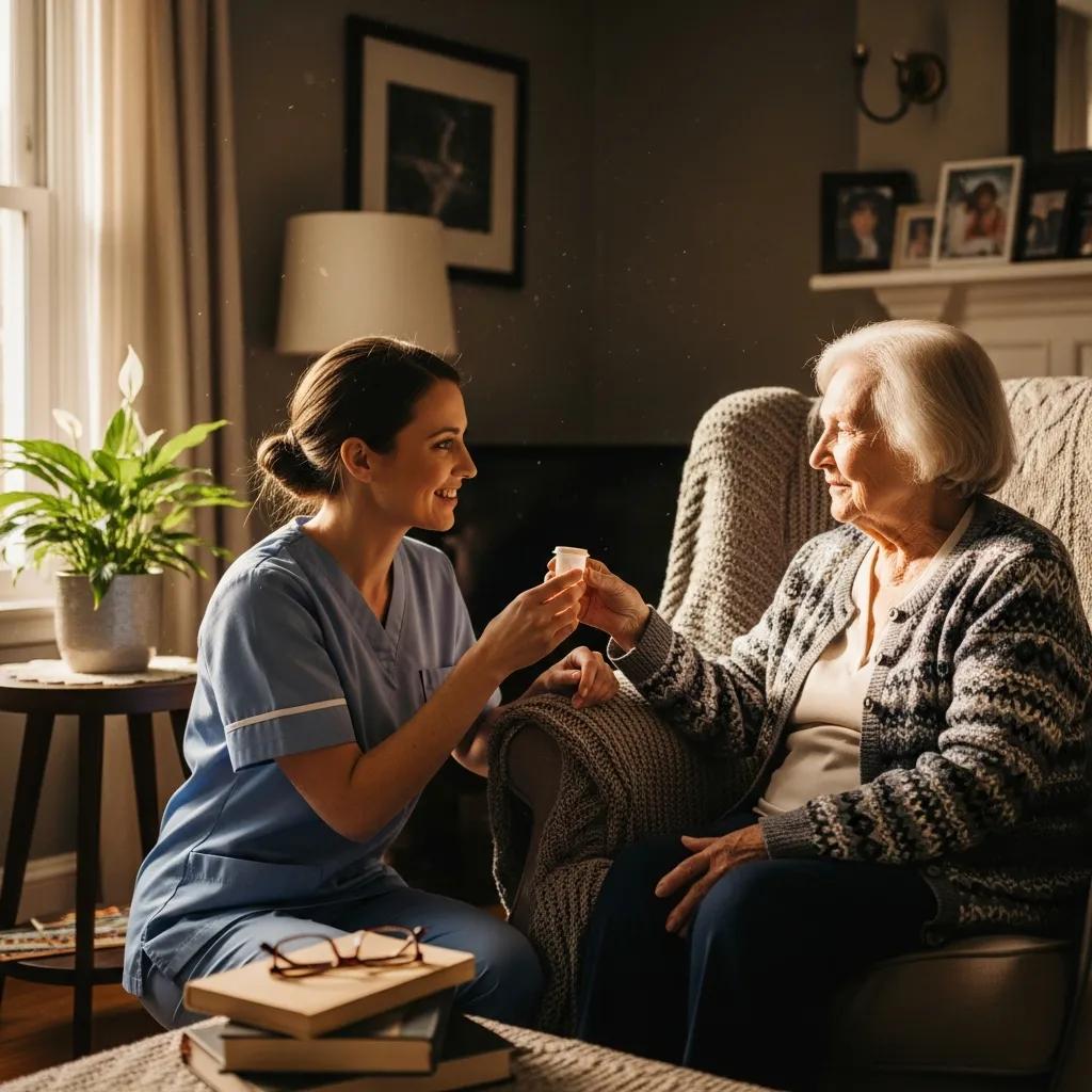 Nurse assisting an elderly patient with medication at home