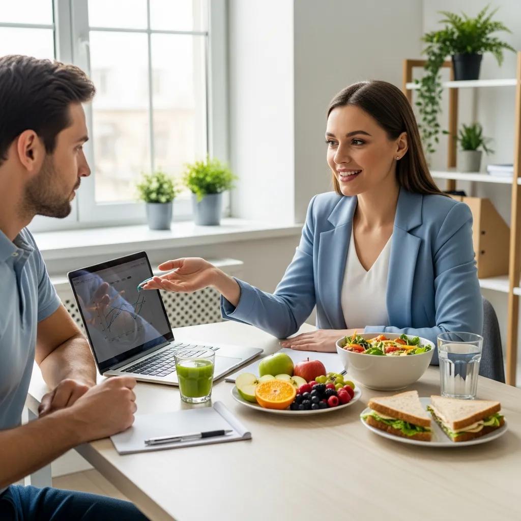 Nutritionist and client collaborating on a personalized care plan with healthy foods