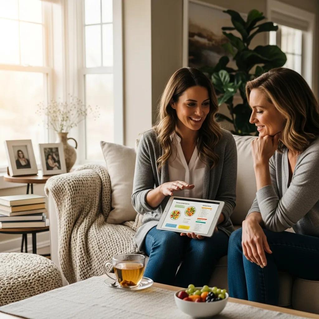 Nutritionist conducting an in-home consultation with a client in a cozy living room
